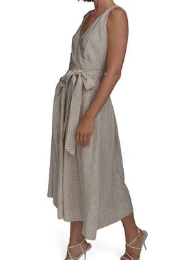 Donna Karan Beige Gingham Wrap Midi Dress